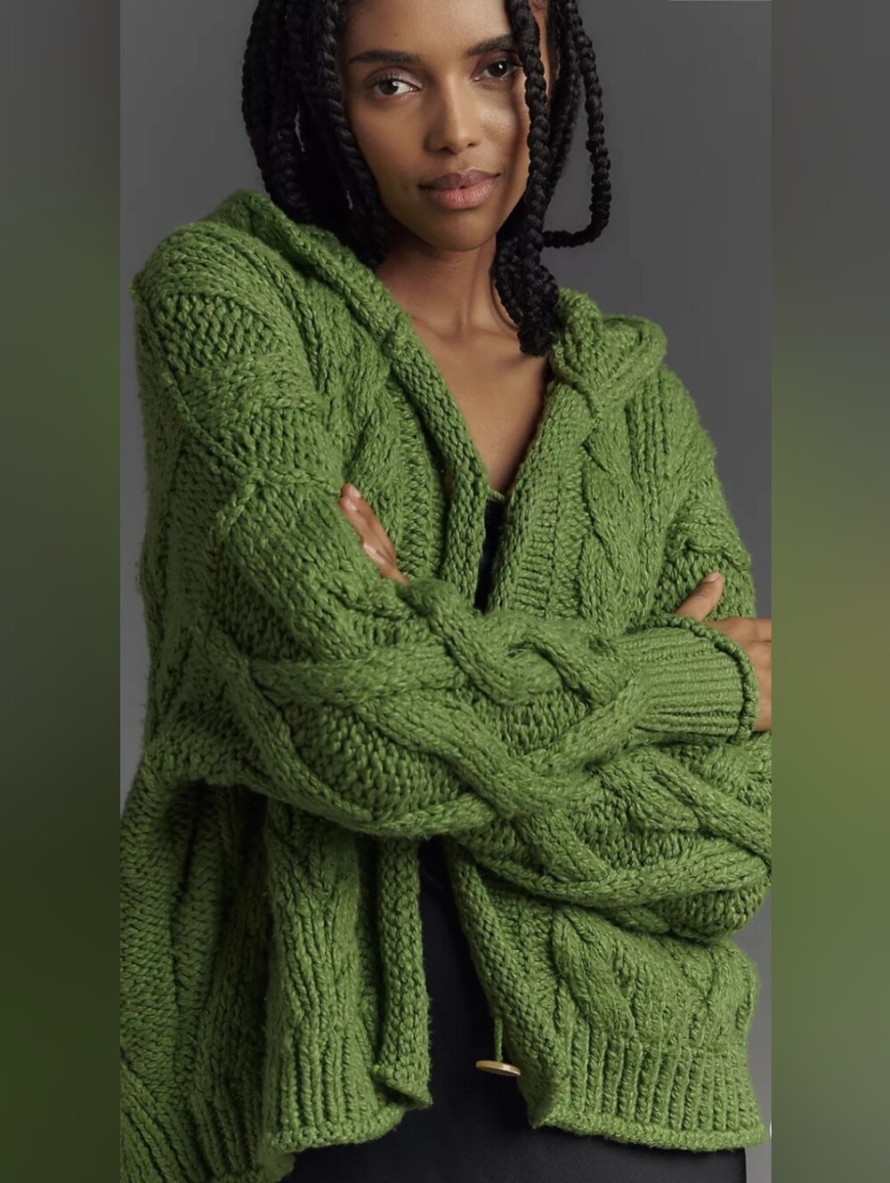 Pilcro Anthropology Chunky Cable Knit Hooded Oversized Cardigan Sweater Green